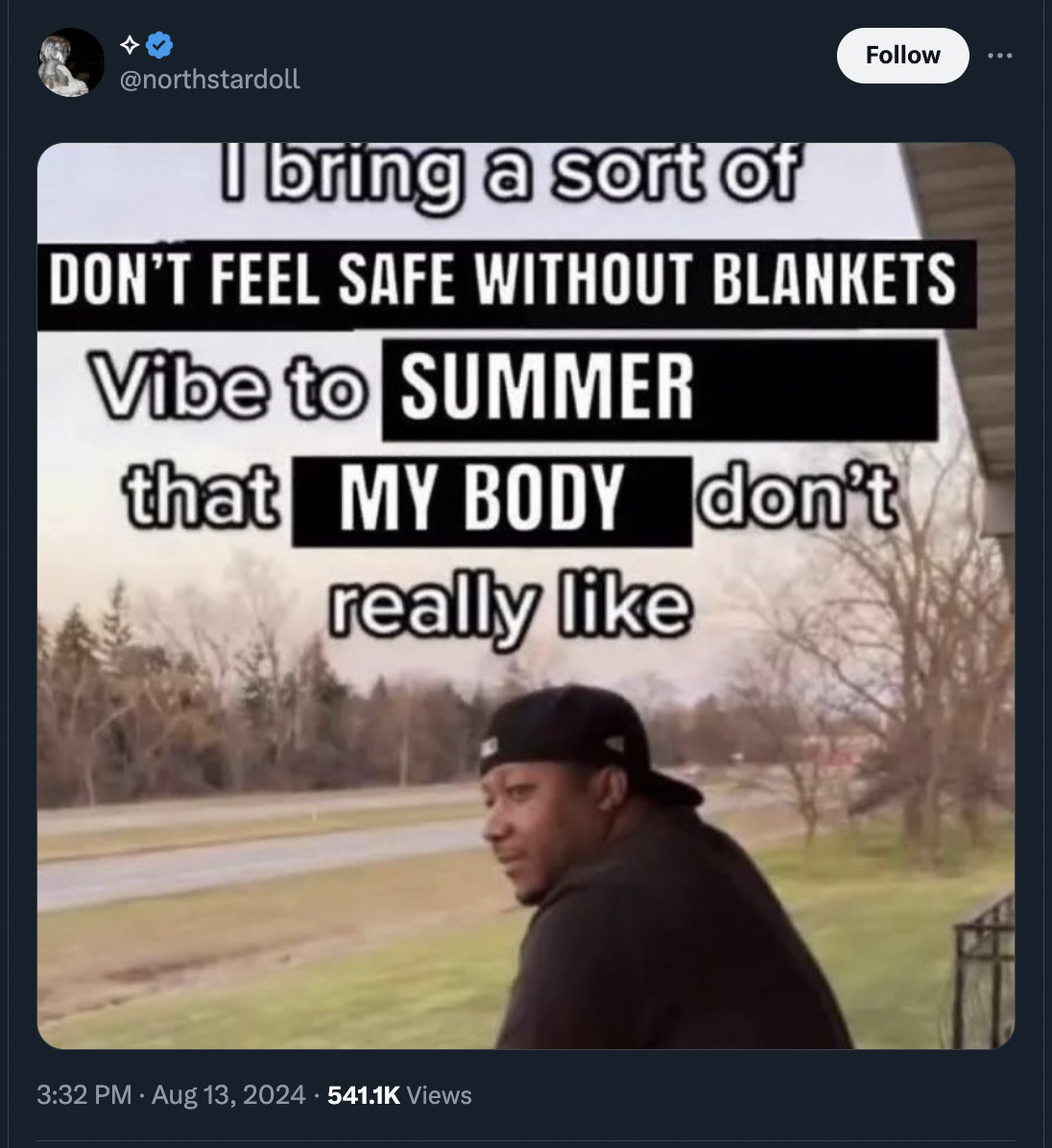 bring a sort of vibe meme - I bring a sort of Don'T Feel Safe Without Blankets Vibe to Summer that My Body don't really Views